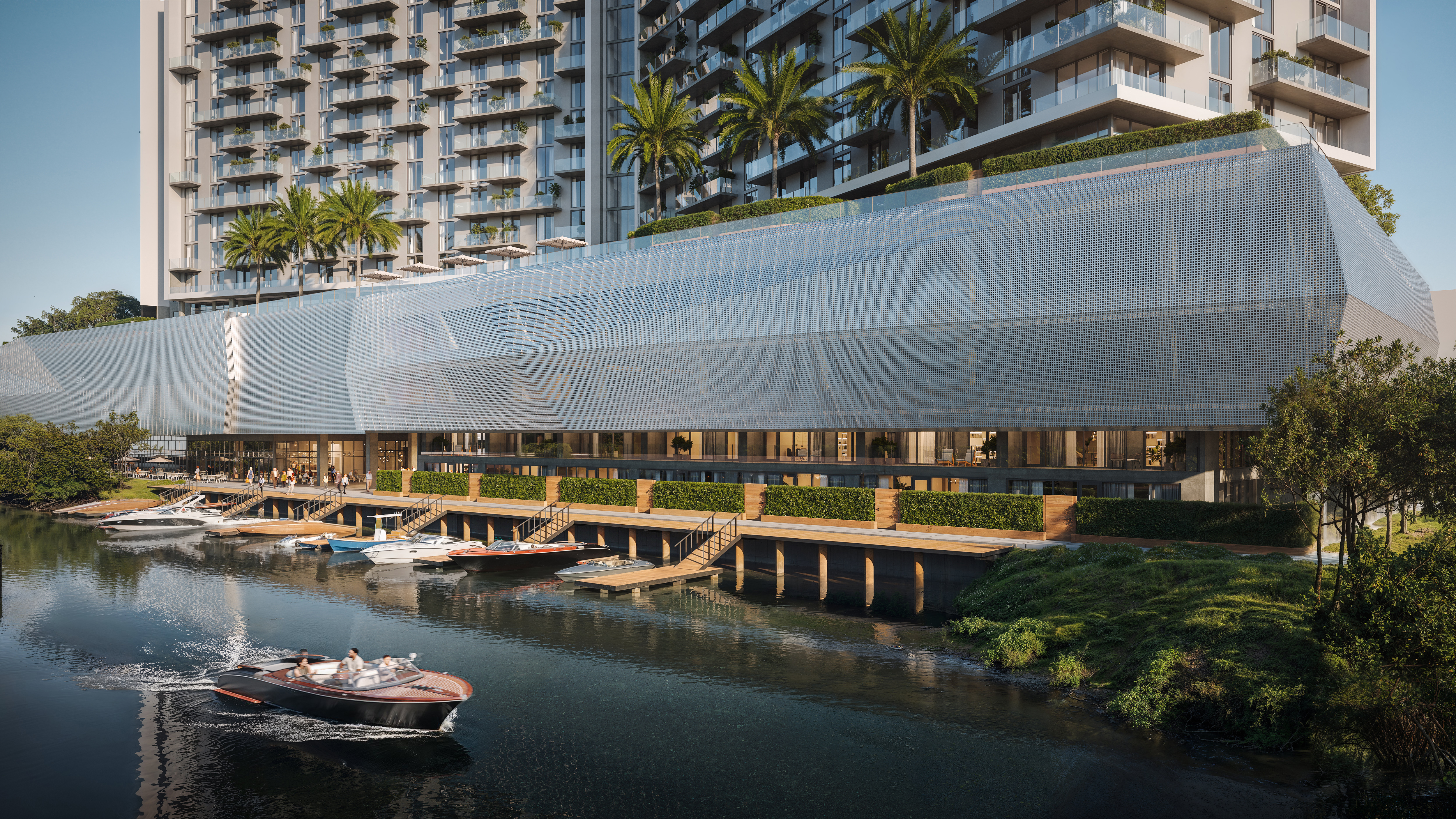 Modern interior of a waterfront residence at Aileron Dania Beach with floor-to-ceiling windows
