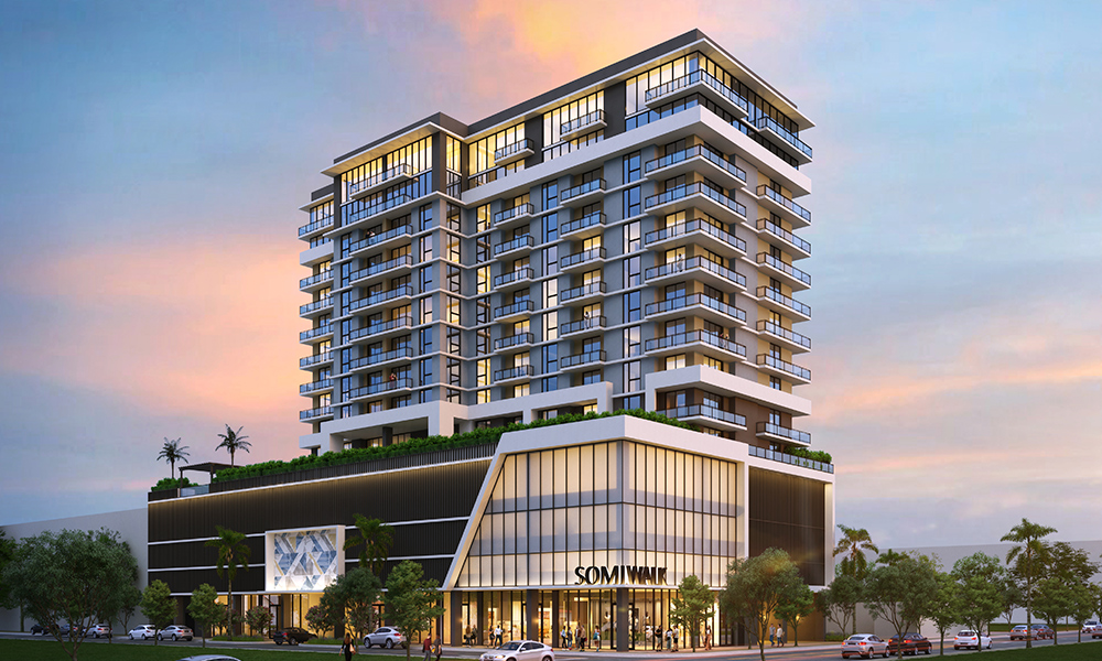 The contemporary 15-story facade of Somi Walk Residences in South Miami
